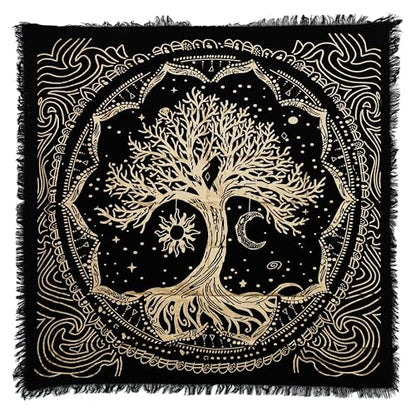 Indian Consigners Tree of Life Altar Cloth Tapestry Tablecloth Celtic Trees Ritual Spiritual Cloth for Sacred Places, Cotton Square Tarot Table Cover 24 by 24 Sacred - color: Golden Sun Moon Tree, size: 24" x 24" (Square)