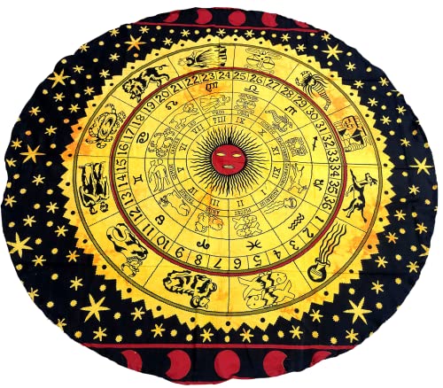 Round Beach Tapestry Mandala Boho Hippie Blanket Indian Cotton Bohemian Large Table Cloth Home Decor Yoga Mat Meditation Picnic Rug Throw Hippy Gypsy Tablecloth Roundie 42 Inches Yellow ZODIAC - color: Yellow Black, size: 42"L x 42"W
