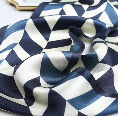 100% Silk Scarf for Women 59”*6.3” Long Shawls for Headscarf and Neck- Oblong Hair Wraps with Gift Packed - color: White&blue Geometry