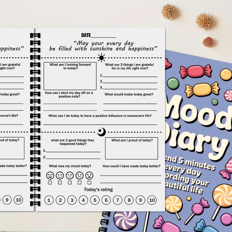 Women's Journal & Mental Health Journal, A5 Guided Self Care Mood Emotions Diary with Daily Mood Tracker, Wellness Log for Writing Feeling (Candy Pattern)