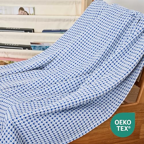 Lightweight Cotton Waffle Throw Blanket, Modern Two-Tone Check Pattern, Soft & Breathable for Bed, Couch, Sofa, All Seasons –Navy Blue/White, 50"x60" - color: Navy/White, size: Throw