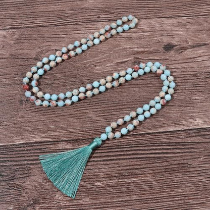 8MM Beads Chakra Long Mala Necklace Natural Stone Meditation Statement Necklace Japa Yoga Buddhist Rosary Prayer Charm Beaded Tassel Necklace - color: Shoushan Stone