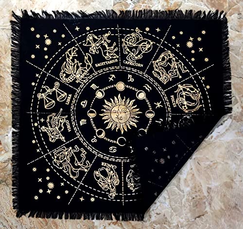 INDACORIFY Golden Zodiac Constellation Altar Table Top Cloth with Fringes Alter Tarot Witchcraft Spread Witchery Supplies Table Cloth 18x18 in (Golden Zodiac Constellation) - color: Golden Zodiac Constellation