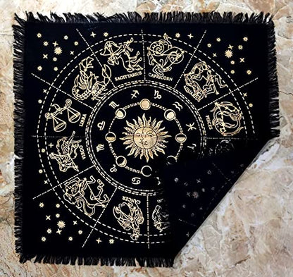 INDACORIFY Golden Zodiac Constellation Altar Table Top Cloth with Fringes Alter Tarot Witchcraft Spread Witchery Supplies Table Cloth 18x18 in (Golden Zodiac Constellation) - color: Golden Zodiac Constellation