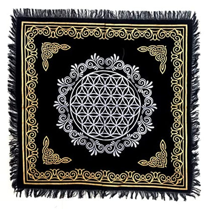 INDACORIFY Flower of Life Altar Table Top Cloth with Fringes Alter Tarot Witchcraft Spread Spiritual Sacred Cloth 18x18 in (Gold & Silver Flower of Life) - color: Gold & Silver Flower of Life