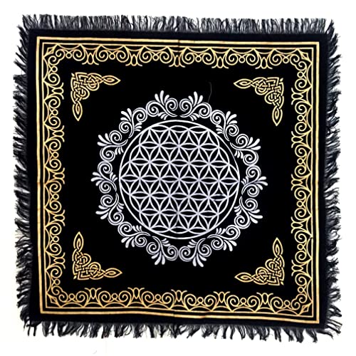 INDACORIFY Flower of Life Altar Table Top Cloth with Fringes Alter Tarot Witchcraft Spread Spiritual Sacred Cloth 18x18 in (Gold & Silver Flower of Life) - color: Gold & Silver Flower of Life