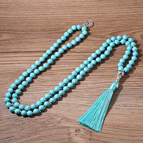 108 Mala Beads Necklace Semi-Precious Gem Stones Meditation Necklace 108 Hand Knotted Japa Mala Beaded Tassel Necklace with Tree of Life Pendant - color: Natural Turquoise