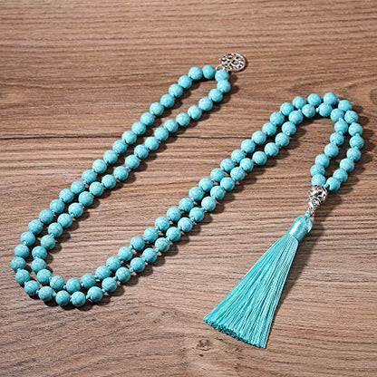 108 Mala Beads Necklace Semi-Precious Gem Stones Meditation Necklace 108 Hand Knotted Japa Mala Beaded Tassel Necklace with Tree of Life Pendant - color: Natural Turquoise