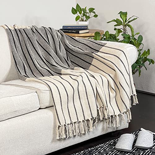 Black and Ivory Oslo Throw with Fringes, 50 x 60 Inch, Perfect Scandinavian Throw Blanket for Couch, Bed, Camping, Beach & Everyday use - color: Ivory-black