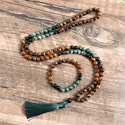 108 Mala Prayer Beads Necklace 8mm Natural Stones Meditation Yoga Jewelry Sets 108 Hand Made Japa Mala Beaded Long Tassel Necklace with Tassel Pendant for Men and Women - color: Tiger Eye+Black Onyx+African turquoise