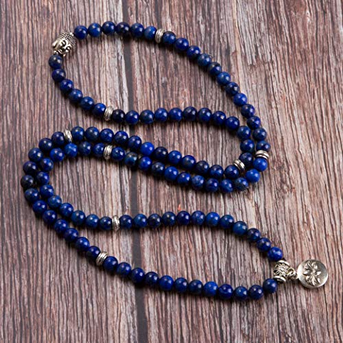 Bivei 108 Mala Beads Necklace Long Beaded Wrap Bracelets Genuine Gemstone Mala Prayer Beads Lotus Buddha Charm Yoga Meditation Necklace - color: Lapis Lazuli-Lotus OM-Buddha