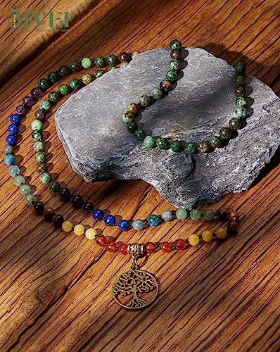 Bivei 7 Chakra 108 Mala Beads Bracelet Real Gemstone Yoga Meditation Hand Knotted Mala Prayer Bead Necklace - size: 6mm, style: Life Tree - African Turquoise