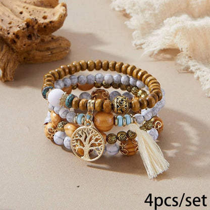 Bohemian Layered Wood Bead Bracelet Set, Elastic Stackable Bracelets with Tree of Life Charm & Tassel - color: White