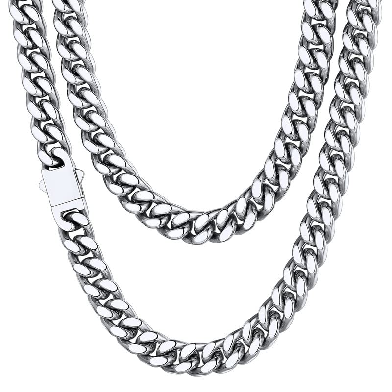 ChainsHouse Stainless Steel Mens Cuban Link Chain, Black/ 18K Gold Plated Miami Cuban Chain Necklace, 5mm/7mm/9mm/12mm/14mm Width, No Tarnish& Durable Hip Hop Mens Jewelry, 18"-30", Send Gift Box - color: a. 9mm width-steel, size: 22 inches
