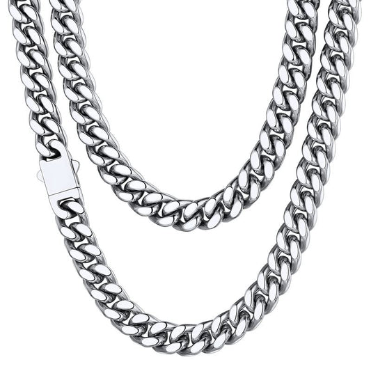 ChainsHouse Stainless Steel Mens Cuban Link Chain, Black/ 18K Gold Plated Miami Cuban Chain Necklace, 5mm/7mm/9mm/12mm/14mm Width, No Tarnish& Durable Hip Hop Mens Jewelry, 18"-30", Send Gift Box - color: a. 9mm width-steel, size: 22 inches