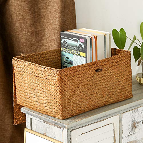Rectangular Handwoven Seagrass Storage Basket with Lid for Shelves and Home Organizer Bin, (M (12"x7"x6"H), Natural) - size: M (12"x7"x6"H)
