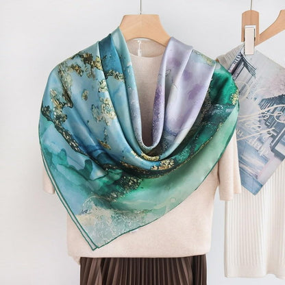 ANDANTINO 100% Silk Scarf 43" Large Square Lightweight Headscarf& Shawl–Women Hair Wraps-With Gift Packed - color: Light Green&blue