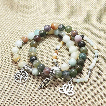 Tree of Life Yoga Healing Stone Bracelets,Multilayer Lotus Chakra Stone Reiki Bracelet Sets,Anxiety Crystal Natural Stone,for Women Stress Relief - style: Amazon Stone + Indian Agate