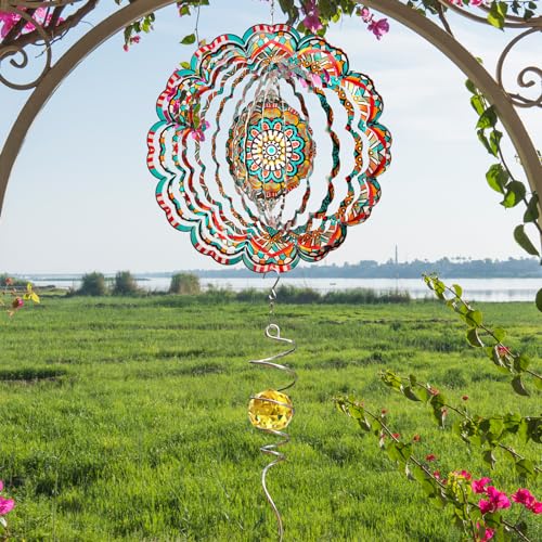 Mandala Wind Spinner - Lucky Star Design | 12-Inch Laser Cut Stainless Steel, Kinetic Hanging Wind Sculpture for Garden, Porch, Patio, Home | Outdoor 3D Metal Windcatcher & Yard Art - color: Mandala Lucky Star