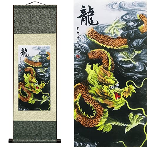 AtfArt Chinese Landscape Painting Asian Wall Art Silk Scroll Painting Chinese Dragon Decoration Scroll Wall Five Paws Golden Dragon Decor Posters for Room Aesthetic Gallery Wall 36.2 x 12 in(L1) - color: B8(Dragon)
