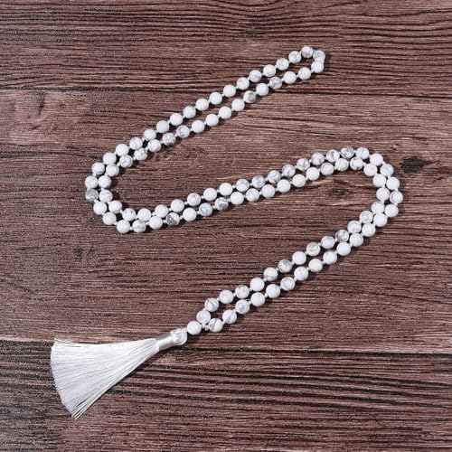 8MM Beads Chakra Long Mala Necklace Natural Stone Meditation Statement Necklace Japa Yoga Buddhist Rosary Prayer Charm Beaded Tassel Necklace - color: White Turquoise