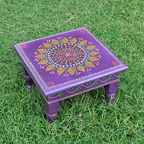 Hand Painted Indian Chowki Altar Meditation Stool Low High Stool Wooden Chowki for Living Room Purple (9 x 9 x 6 Inch)