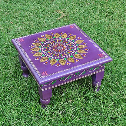 Hand Painted Indian Chowki Altar Meditation Stool Low High Stool Wooden Chowki for Living Room Purple (9 x 9 x 6 Inch)
