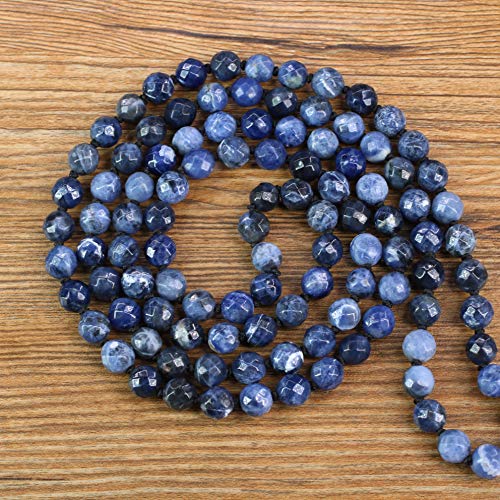 COAI OM Charm Hand Knotted Tassel 108 Mala Beads Necklace - color: Faceted Sodalite, size: 8mm