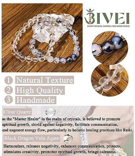 Bivei Natural Gemstone Semi Precious Healing Crystals Handmade Stretchy Round Beads Bracelet,Stocking Stuffers for Women Enhance Positive Energy - color: 8mm Clear Quartz & Dragon Vein Agate (Master Healer), size: Medium: 6.8-7.24 inch