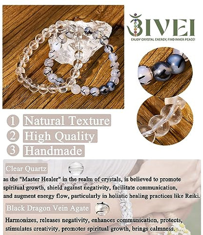 Bivei Natural Gemstone Semi Precious Healing Crystals Handmade Stretchy Round Beads Bracelet,Stocking Stuffers for Women Enhance Positive Energy - color: 8mm Clear Quartz & Dragon Vein Agate (Master Healer), size: Medium: 6.8-7.24 inch