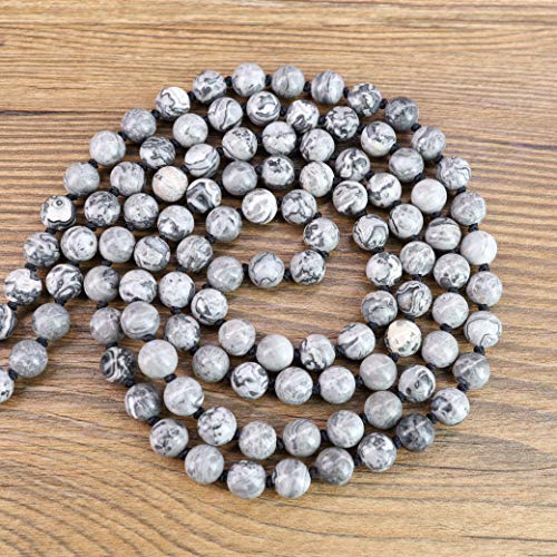 COAI OM Charm Hand Knotted Tassel 108 Mala Beads Necklace - color: Map Jasper, size: 8mm