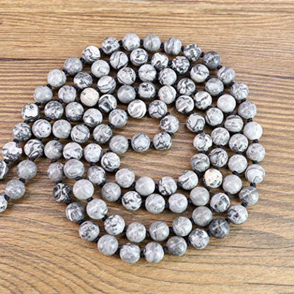 COAI OM Charm Hand Knotted Tassel 108 Mala Beads Necklace - color: Map Jasper, size: 8mm