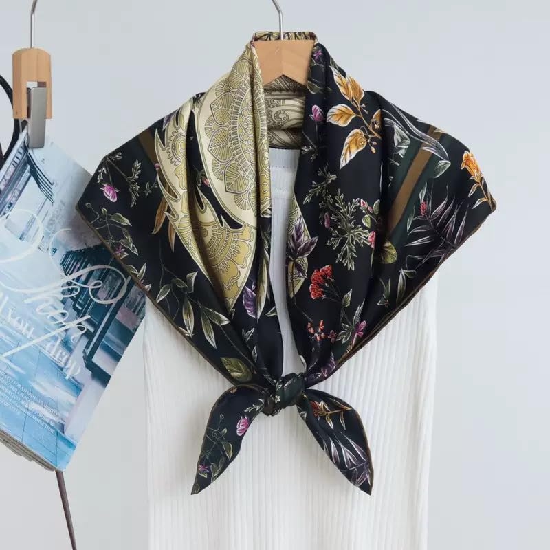 100% Pure Mulberry Silk Scarf 35" Large Square Lightweight Headscarf –Women’s Hair Wraps-With Gift Packed - color: Black Horse-twill
