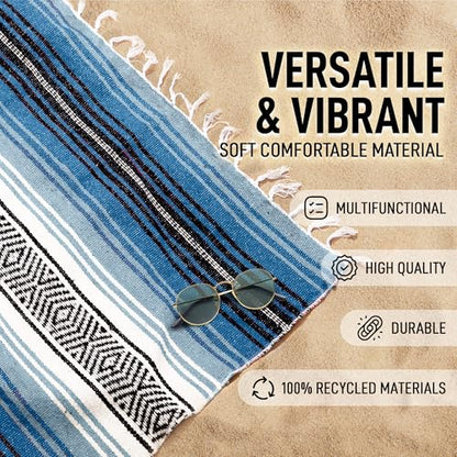 Hydration Nation Authentic Extra Large Mexican Blanket (70"x50") - Handwoven Yoga, Serape- Artisanal Falsa, Beach, Camping, Picnic, Outdoor - Sky Blue - color: Sky Blue