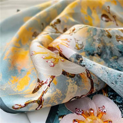 100% Mulberry Silk Long Scarf for Women Large Shawls for Headscarf and Neck- Oblong Hair Wraps with Gift Packed - color: Gold&blue