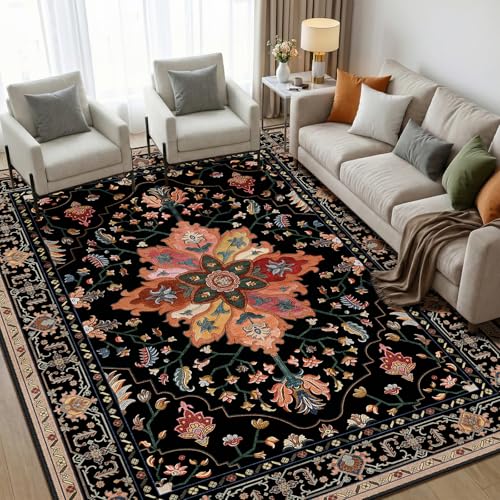 RELEANY Area Rugs 5'x7' Washable Non-Slip, Floral Vintage Distress Medallion Carpet for Living Room Bedroom Dining Room, Black Colorful Floral Dark Tan - color: Black/Colorful, size: 5' X 7' (Rectangular)