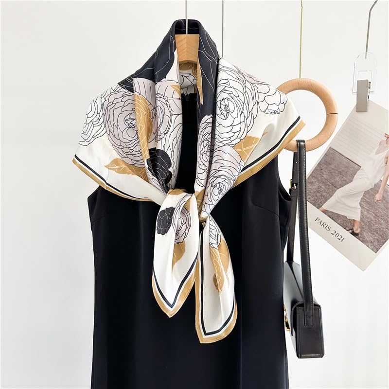ANDANTINO 100% Pure Mulberry Silk Scarf 35" Large Square Lightweight Headscarf –Women’s Hair Wraps-With Gift Packed - color: Black&gold
