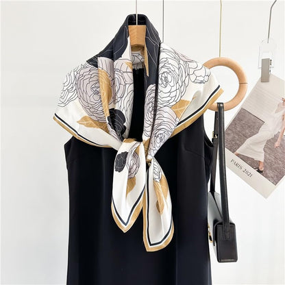 ANDANTINO 100% Pure Mulberry Silk Scarf 35" Large Square Lightweight Headscarf –Women’s Hair Wraps-With Gift Packed - color: Black&gold