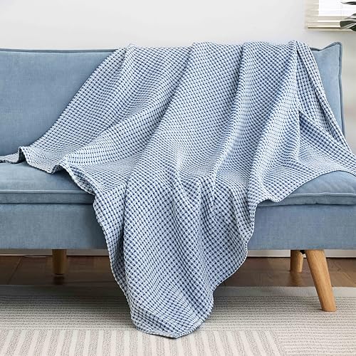 Lightweight Cotton Waffle Blanket Twin Size, Modern Two-Tone Check Pattern, Soft & Breathable for Bed, Couch, Sofa, All Seasons –Navy Blue/White, 60"x80" - color: Navy/White, size: Twin