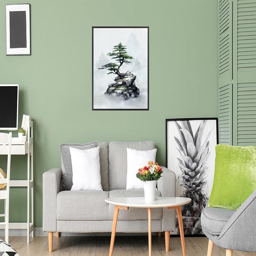 Japan Zen Canvas Wall Art Misty Pine Tree Meditation Poster Japanese Mountain Top Bonsai Peaceful Aesthetic Prints Painting For Spa Yoga Bedroom Wall Decor 12x16in Unframed