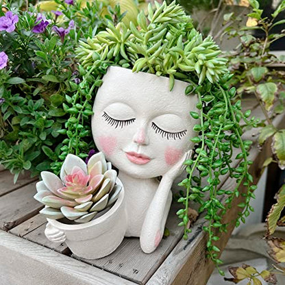 Face Plant Pot - Double Flower Pots for Indoor Outdoor Plants Resin Head Planter with Drainage Hole Cute Lady Face Plant Pots, Garden Decoration Planters, Medium - size: Medium, style: White - 2 in 1