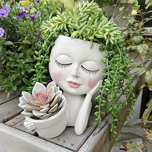 Face Plant Pot - Double Flower Pots for Indoor Outdoor Plants Resin Head Planter with Drainage Hole Cute Lady Face Plant Pots, Garden Decoration Planters, Medium - size: Medium, style: White - 2 in 1