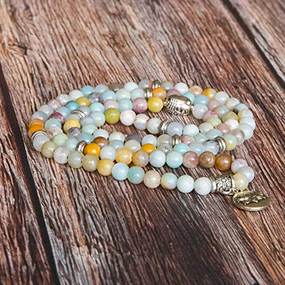 Bivei 108 Mala Beads Necklace Long Beaded Wrap Bracelets Genuine Gemstone Mala Prayer Beads Lotus Buddha Charm Yoga Meditation Necklace - color: Amazonite-Lotus OM-Buddha