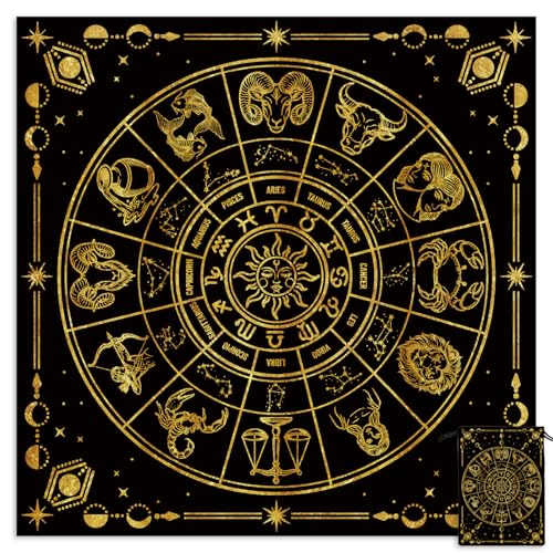 Tarot Altar Cloth Twelve Zodiac Signs Card Table Tablecloth Celestial Golden Sun Tablecloth with Tarot Bag for Reading Rituals Crystals Spiritual Divination Witchcraft Supplies - color: Twelve Zodiac Signs