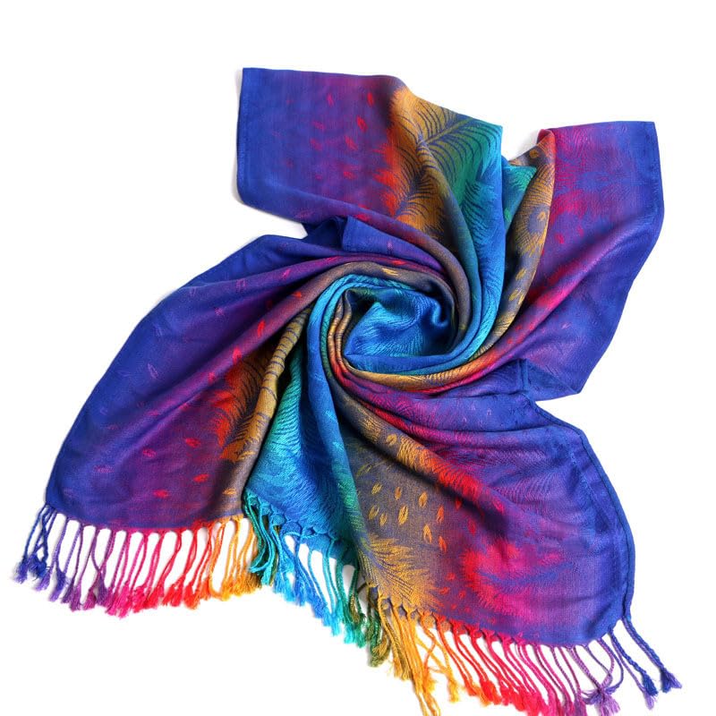 SmilerSmile Colorful Scarf Wraps for Womens Tassel Shawl Wrap - color: 01-peacock/Royalblue
