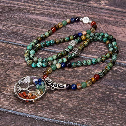 Bivei 108 Mala Beads Bracelet - 7 Chakra Tree of Life Real Healing Gemstone Yoga Meditation Mala Prayer Bead Necklace