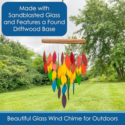 Blue Handworks Rainbow Waterfall Glass and Driftwood Chime, Sandblasted Glass and Found Wood Handcrafted Wind Chime