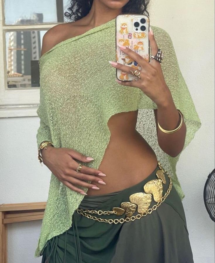 Women Sheer Poncho Top Summer Knit See Through Shrug Sweater Shawl Wrap Beach Cover Up KCSST001 - color: Light Green