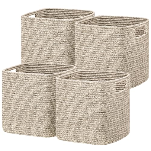 UBBCARE Set of 4 Storage Basket-13 X 13 X 13 in, Cotton Rope Baskets for Shelves, Toys, Book, Cube Storage Bins with Handles, Woven Storage Basket for Organizing, Mix-Brown
