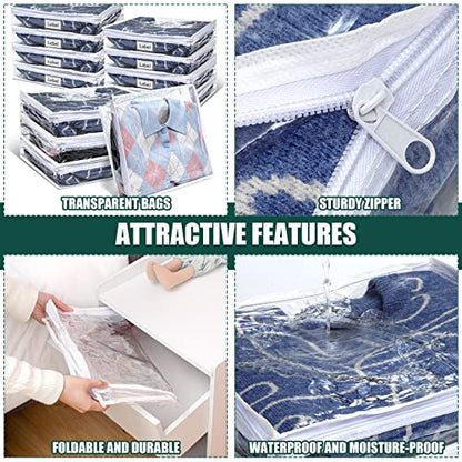 12 Pcs Clear Zippered Storage Bags Pvc Sweater Sheet Organizer Plastic Sheet Storage Sweater Bags With Zipper And Label Pocket Container For Clothes Closet Linen Pillow (14 x 12 x 3 Inch) - size: 14 x 12 x 3 Inch